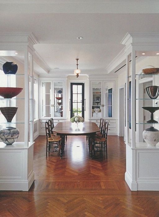 Garden Residence — The gallery in herringbone, looking through to the dining room and its glazed vitrine cabinetry